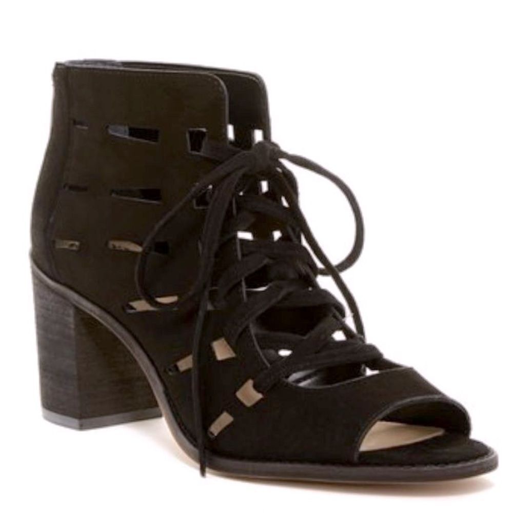 Vince Camuto Tressa Lace-Up black leather suede Sandals block heel 9.5W